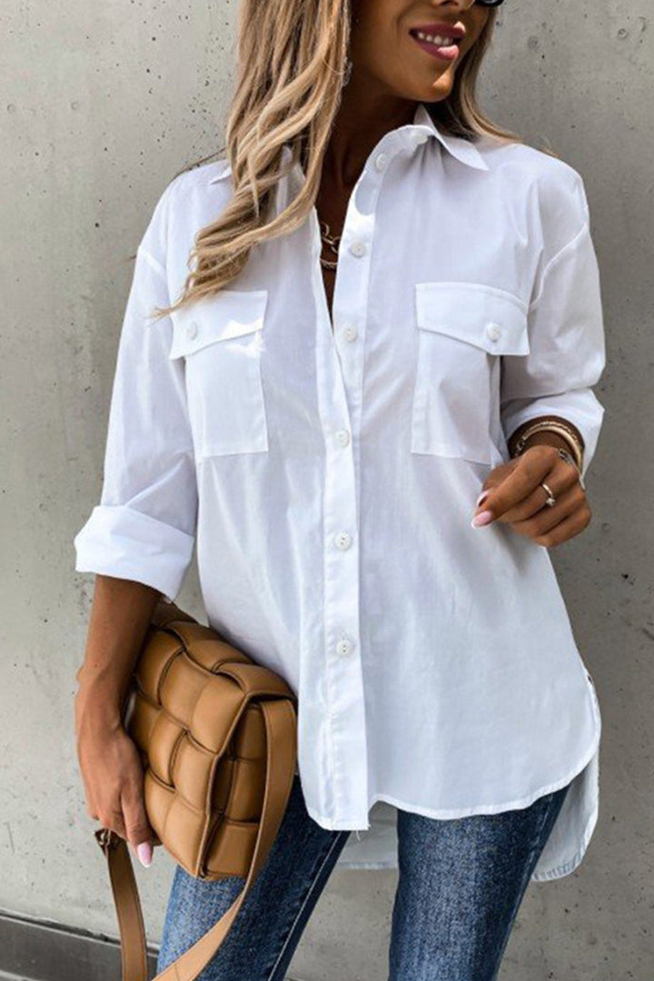 Solid Button-down High Low Hem Blouse White · M