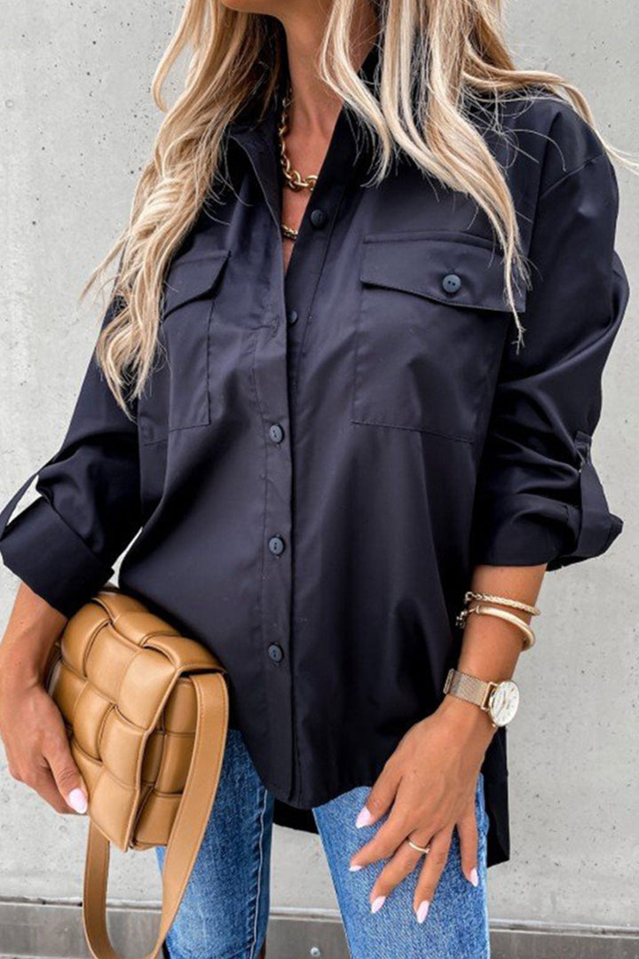 Solid Button-down High Low Hem Blouse White · XL