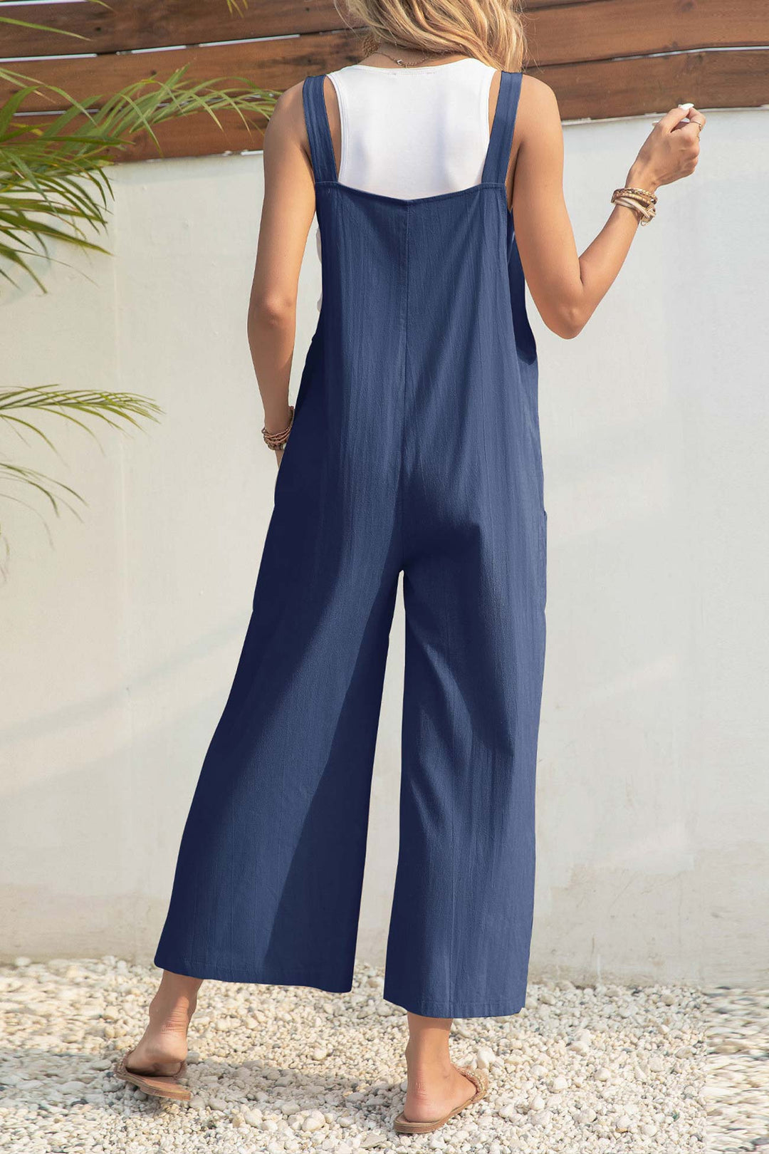 Solid Color Button Closure Pocketed Jumpsuits Navy Blue · XL