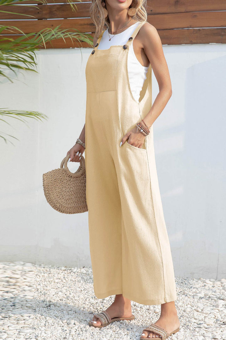 Solid Color Button Closure Pocketed Jumpsuits Apricot · L