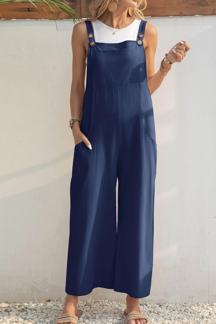Solid Color Button Closure Pocketed Jumpsuits Navy Blue · L