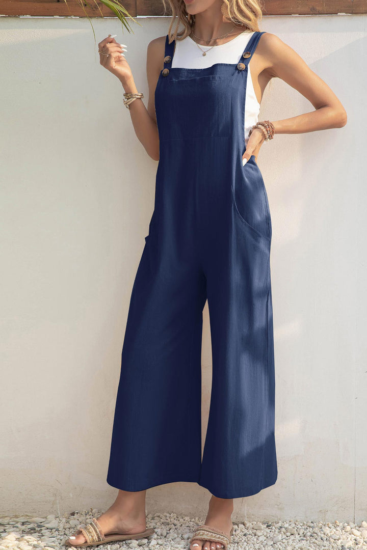 Solid Color Button Closure Pocketed Jumpsuits Navy Blue · M