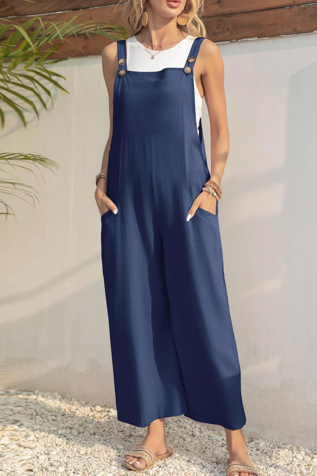 Solid Color Button Closure Pocketed Jumpsuits Navy Blue · S