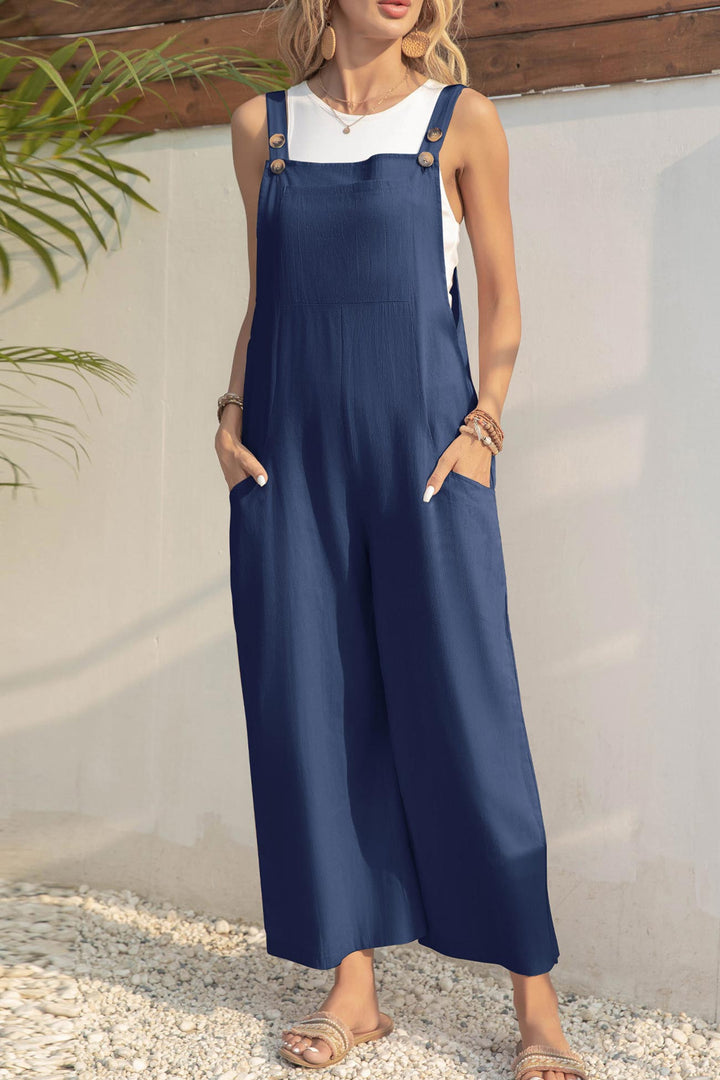 Solid Color Button Closure Pocketed Jumpsuits Navy Blue · S
