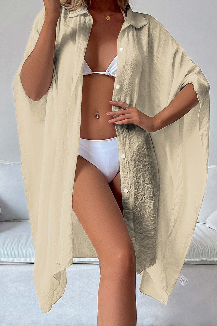 Solid Color Button Down Cover-up Shirt Dress Yellow · One Size