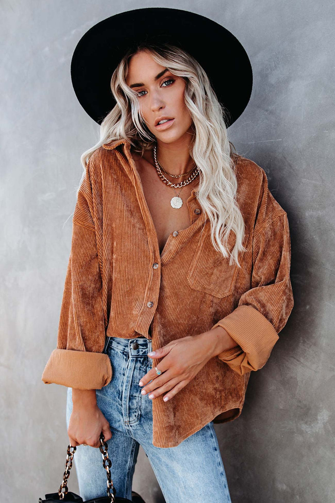 Solid Color Corduroy Oversized Shirt Orange · S