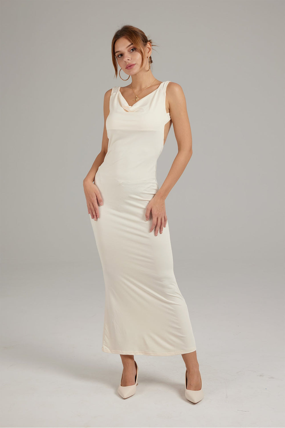 Solid Color Cowl Neck Backless Pack Hip Dress Beige · M