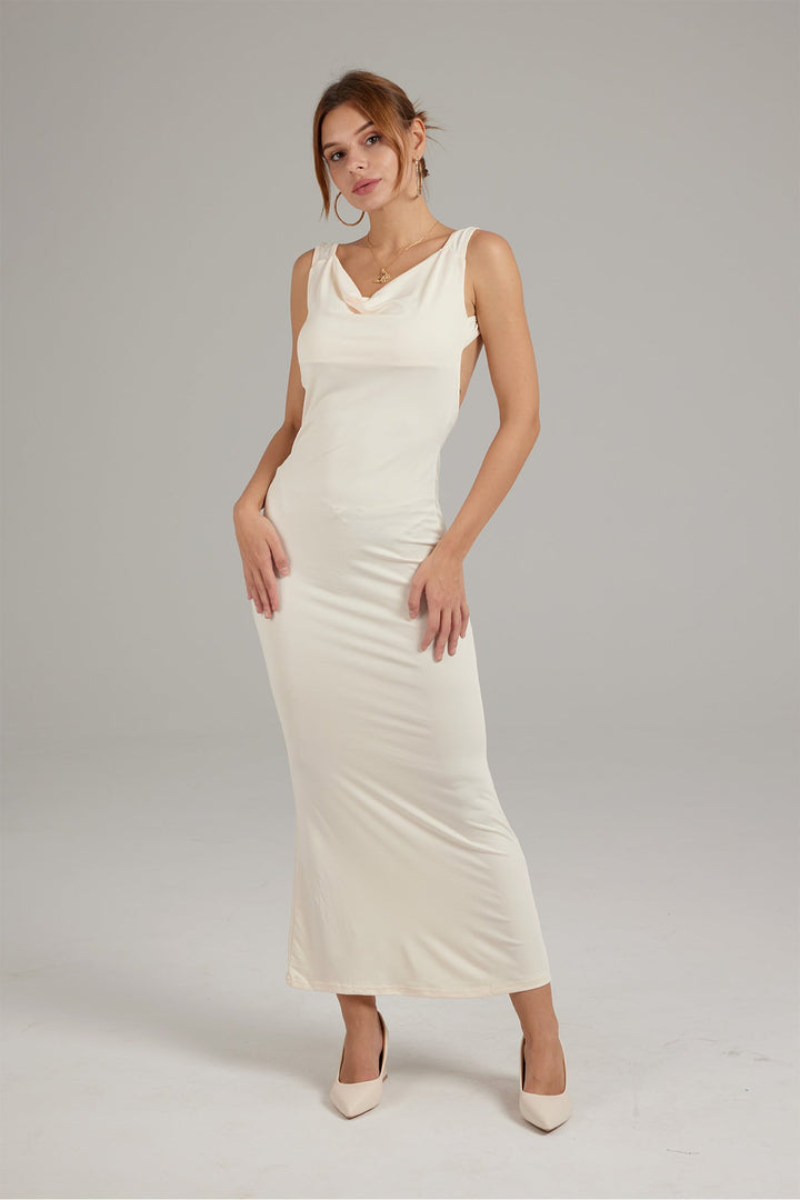 Solid Color Cowl Neck Backless Pack Hip Dress Beige · M