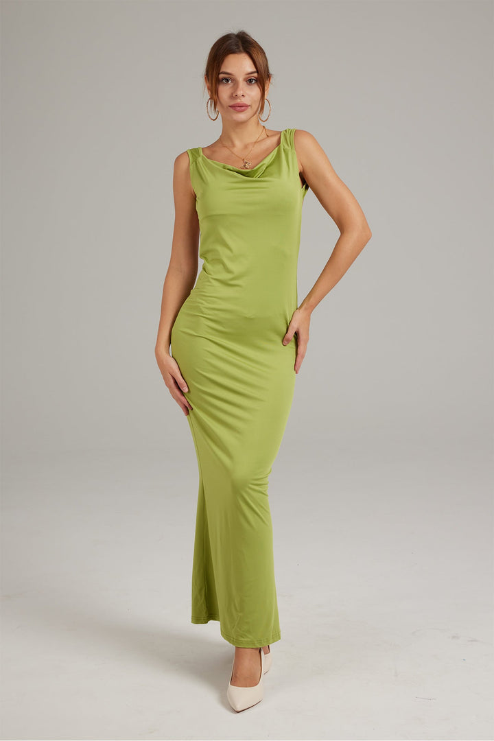 Solid Color Cowl Neck Backless Pack Hip Dress Green · M