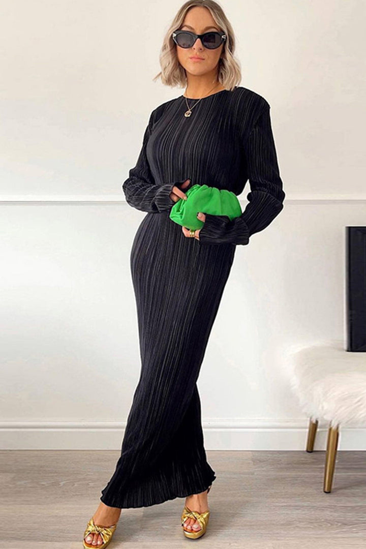 Solid Color Crew Neck Pleated Maxi Dress Green · L