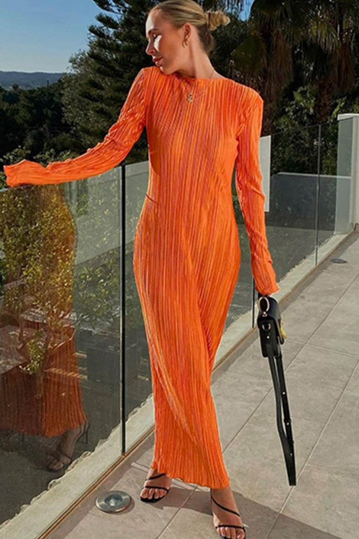 Solid Color Crew Neck Pleated Maxi Dress Orange · S
