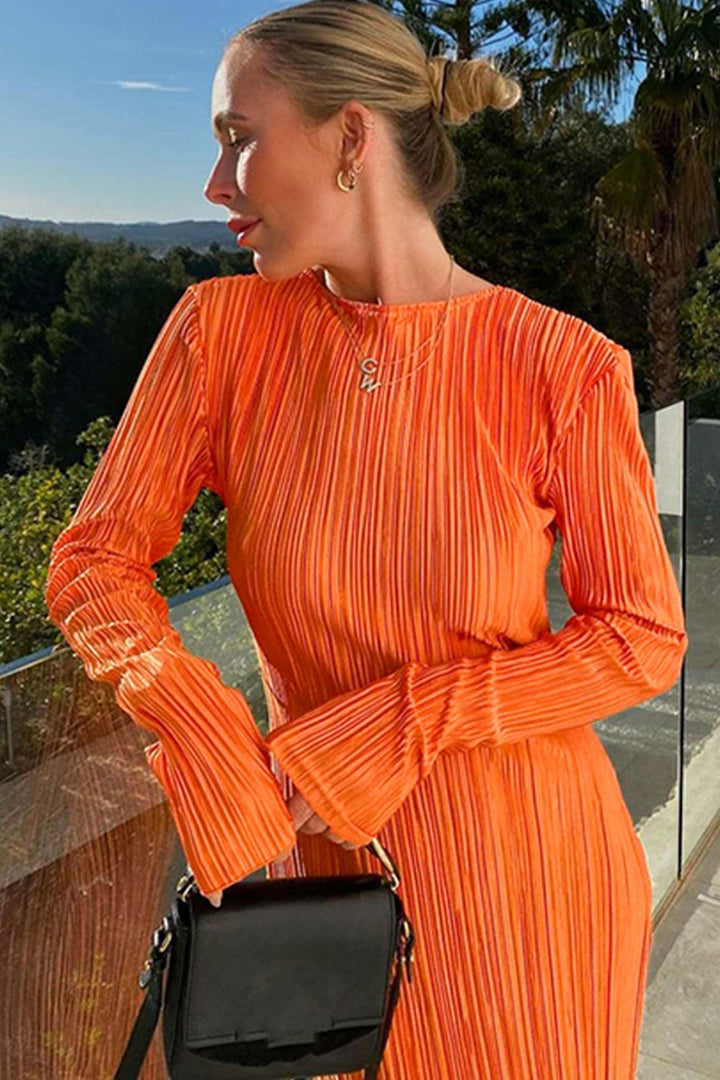 Solid Color Crew Neck Pleated Maxi Dress Orange · M