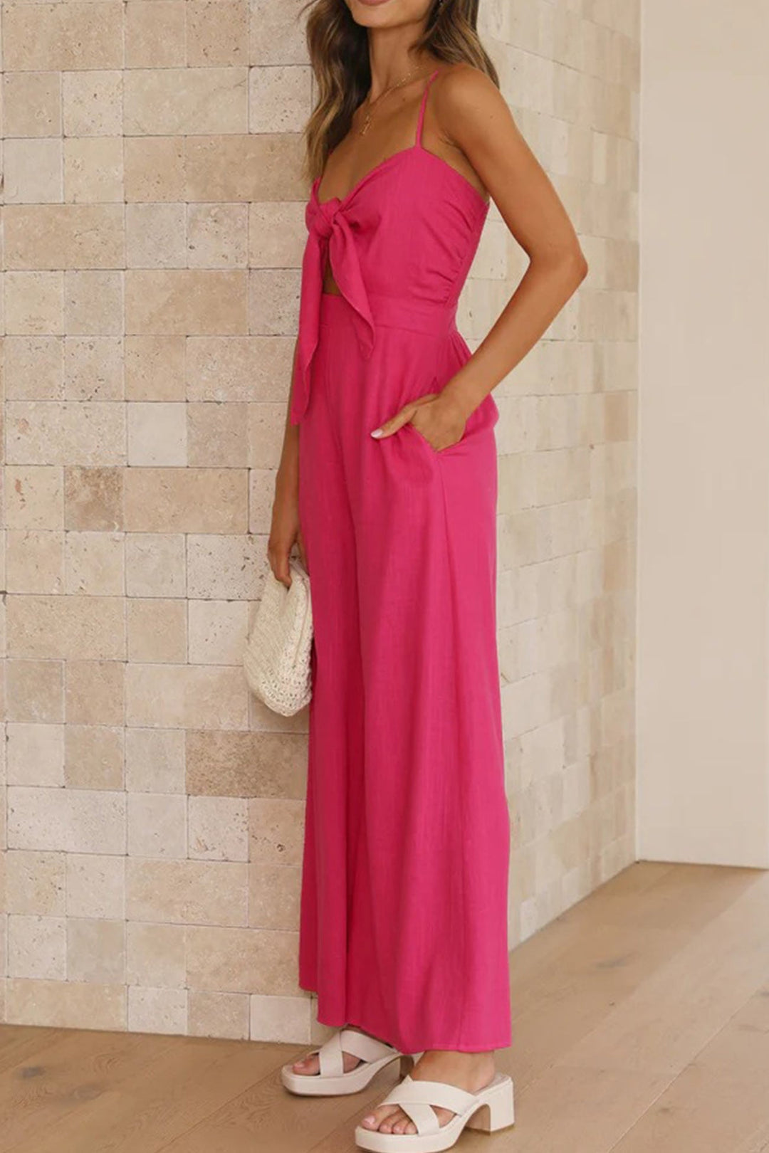 Solid Color Knot-front Wide Leg Cami Jumpsuits Rose · S