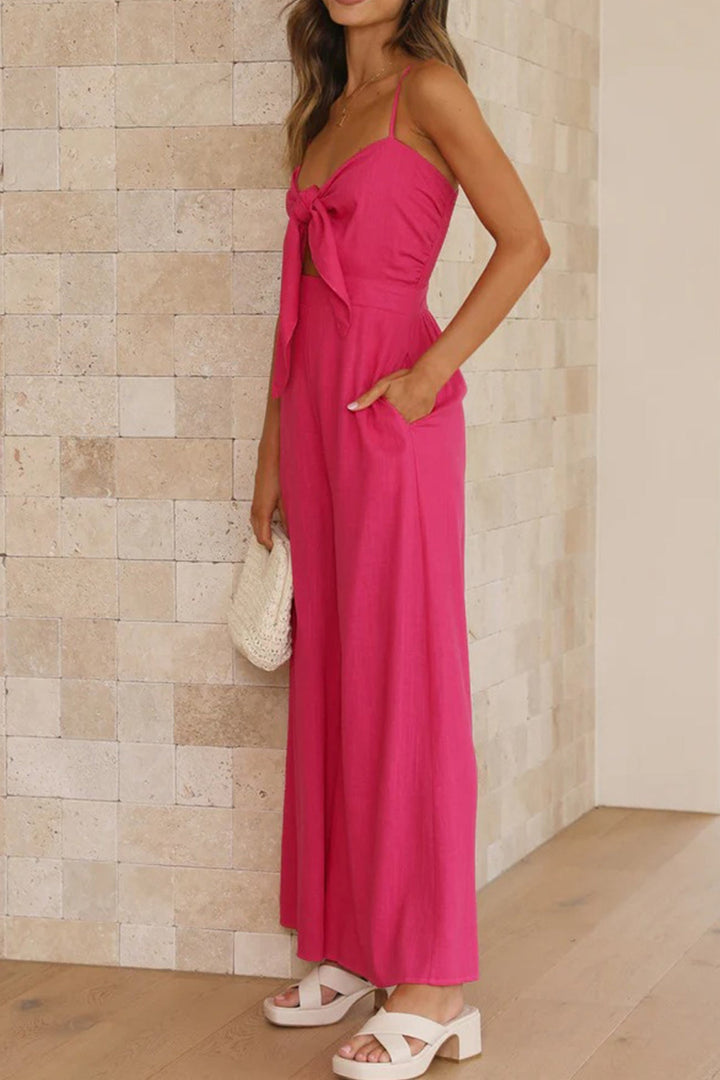 Solid Color Knot-front Wide Leg Cami Jumpsuits Rose · S