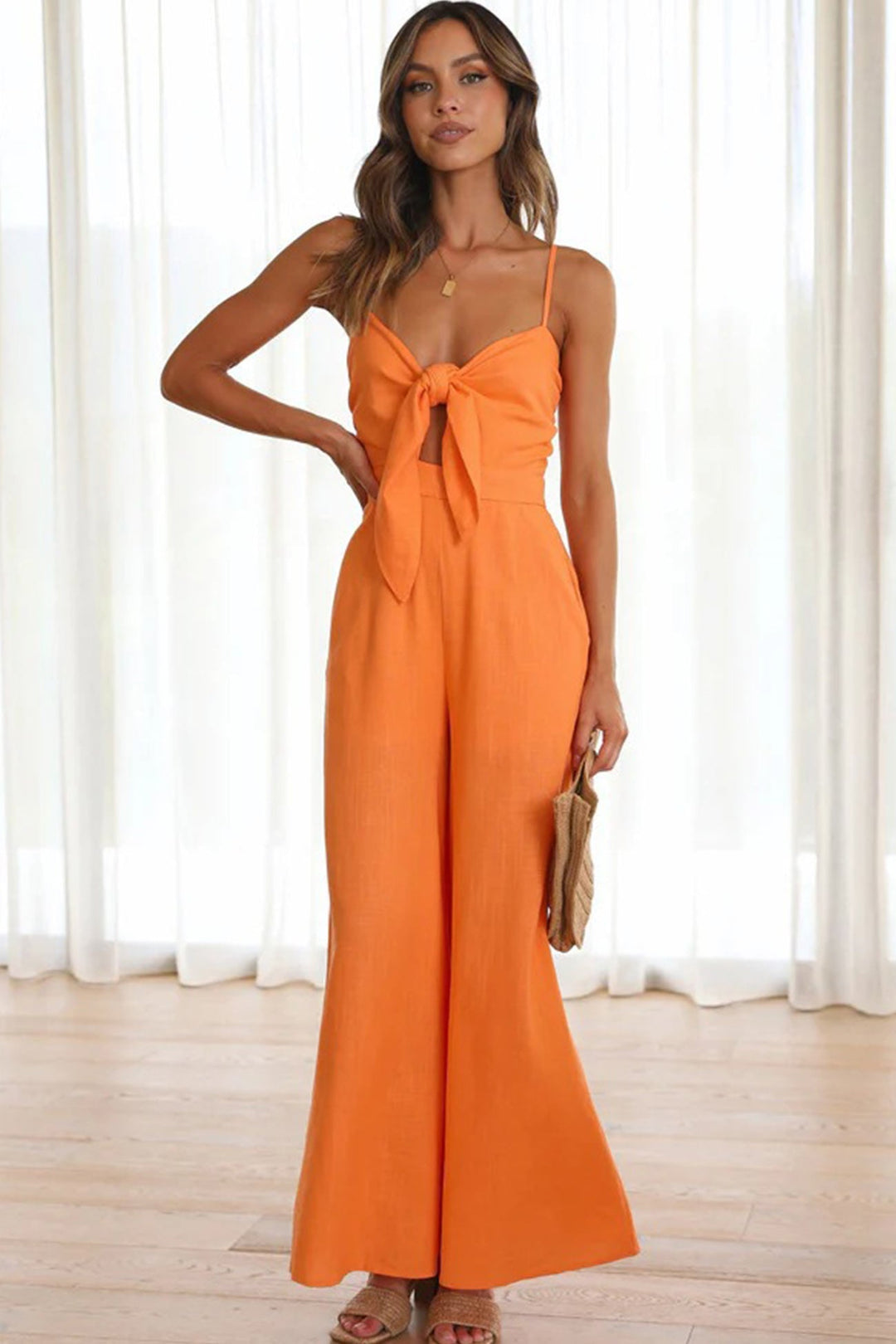 Solid Color Knot-front Wide Leg Cami Jumpsuits Turmeric · S