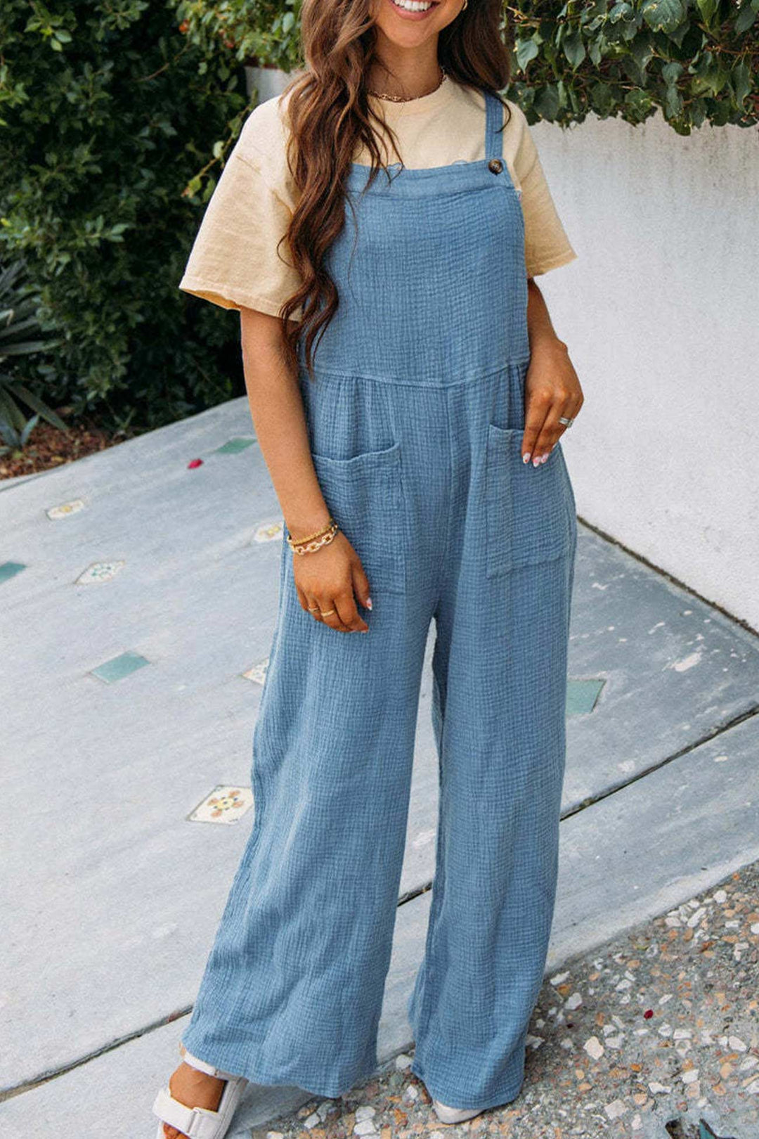 Solid Color Pocketed Loose Jumpsuits Light Blue · M