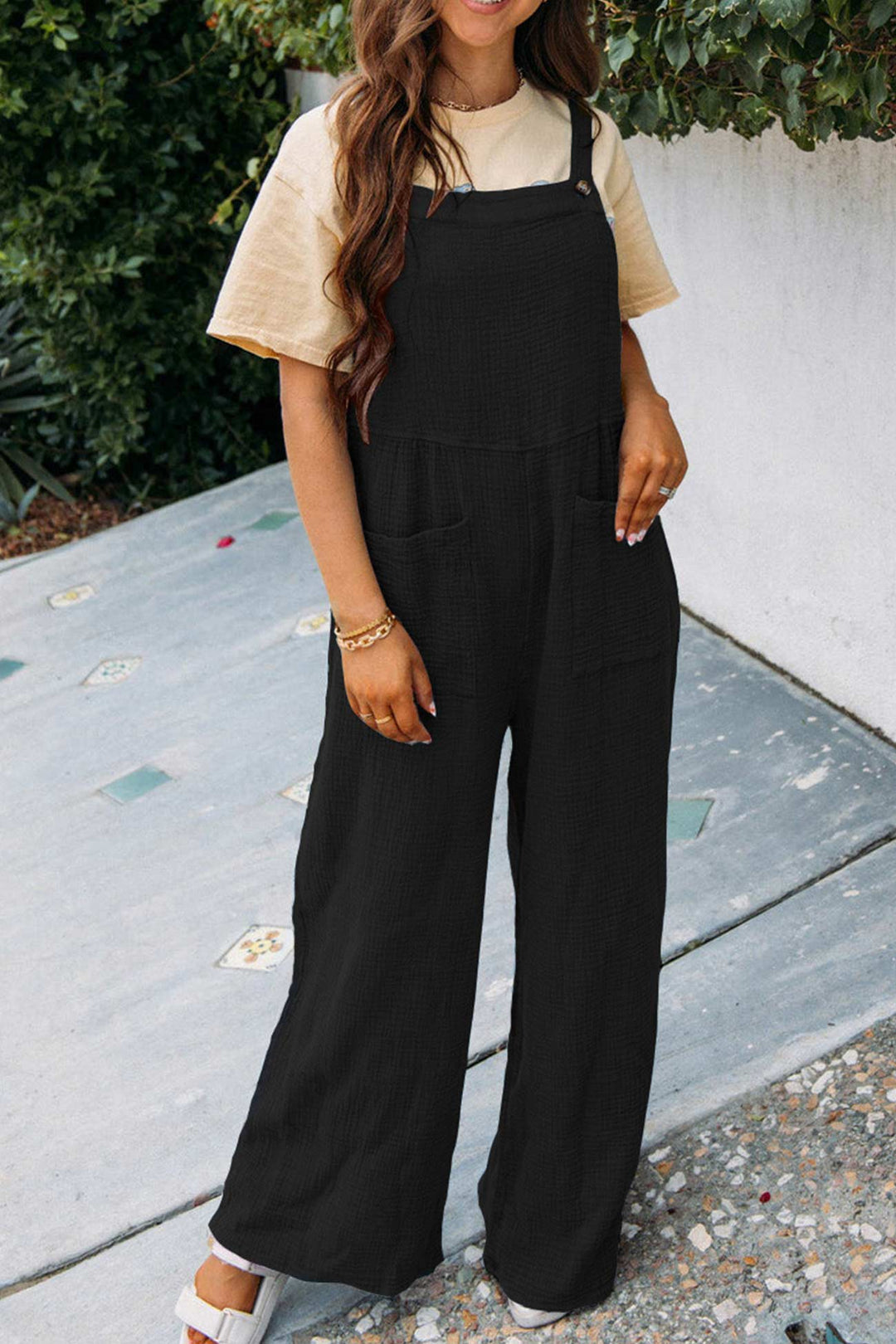Solid Color Pocketed Loose Jumpsuits Khaki · S