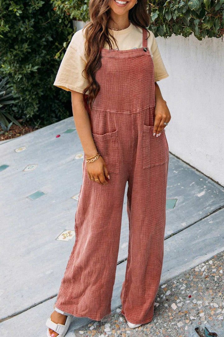 Solid Color Pocketed Loose Jumpsuits Khaki · L