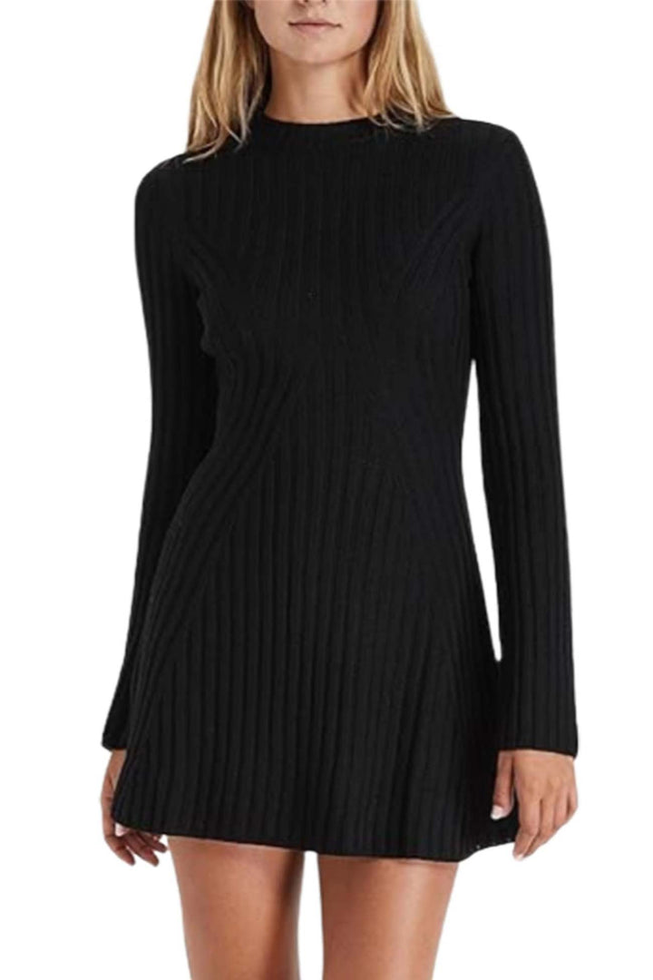 Solid Color Ribbed Knitted Dress Black · S