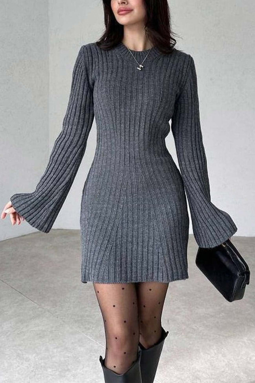 Solid Color Ribbed Knitted Dress Gray · S