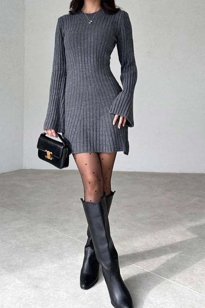 Solid Color Ribbed Knitted Dress White · L