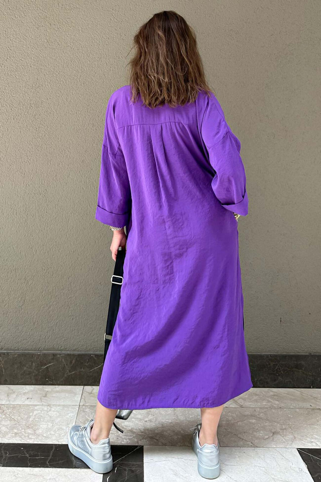 Solid Color Single-breasted Slit Shirt Dress Purple · L