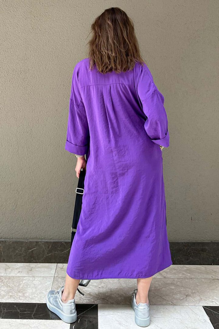 Solid Color Single-breasted Slit Shirt Dress Purple · L