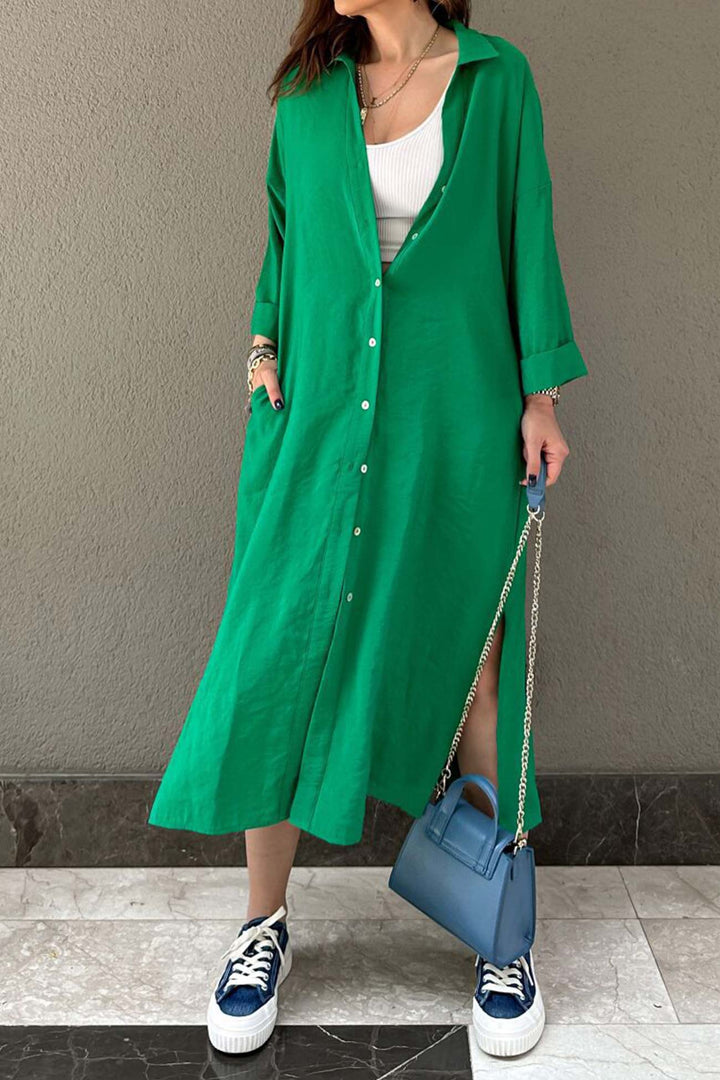 Solid Color Single-breasted Slit Shirt Dress Khaki · M