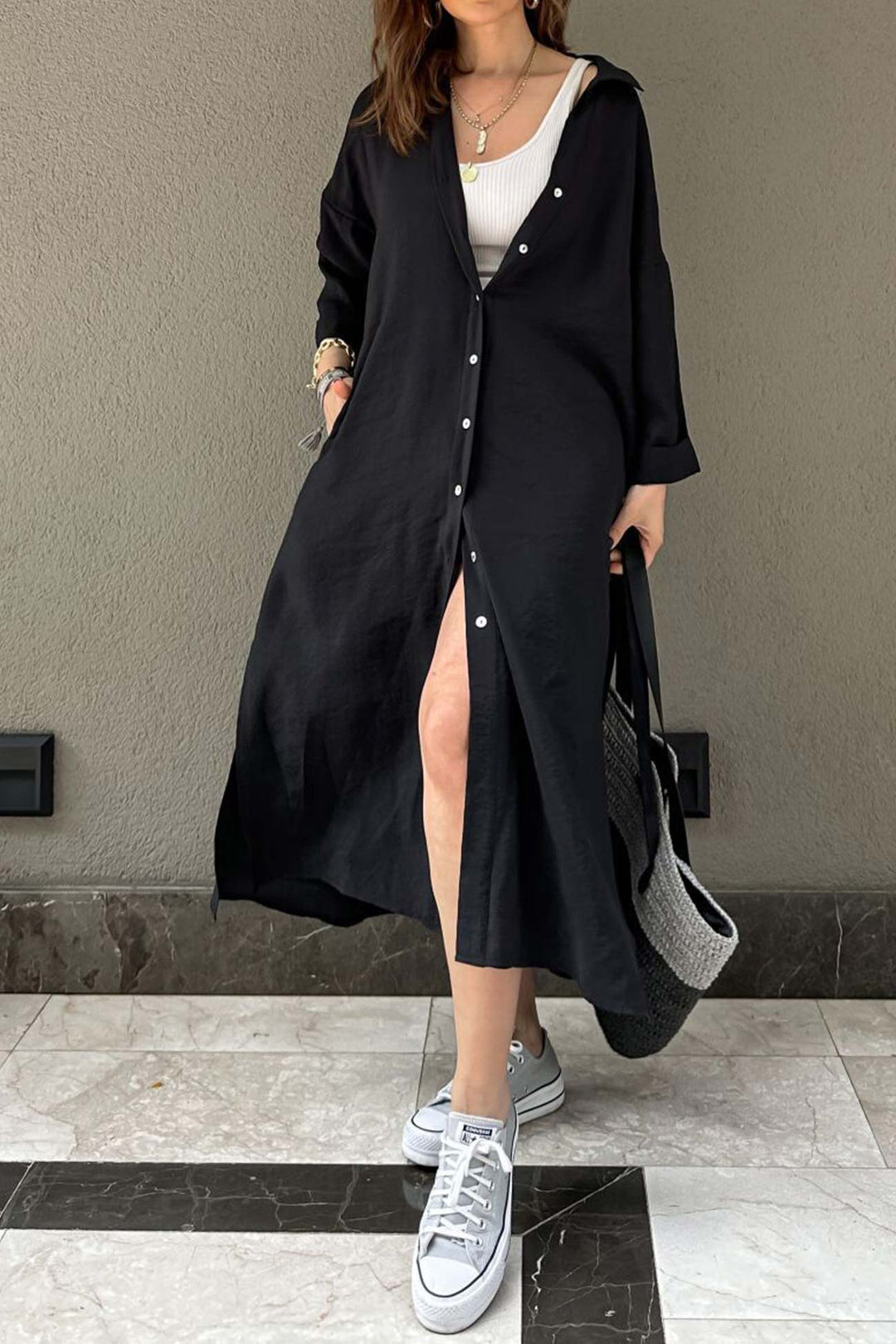 Solid Color Single-breasted Slit Shirt Dress