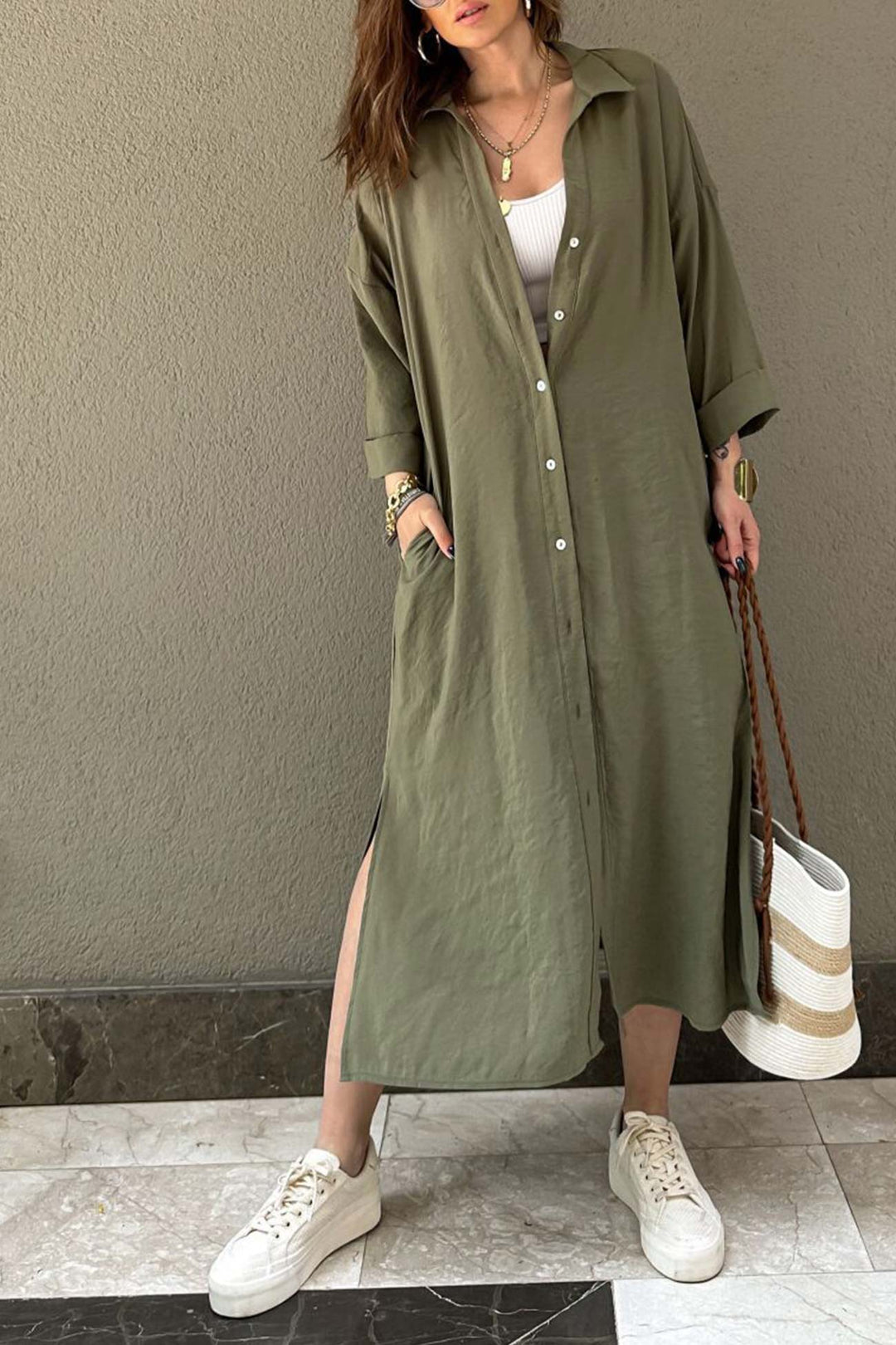 Solid Color Single-breasted Slit Shirt Dress