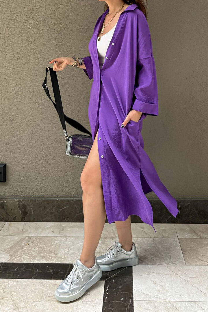Solid Color Single-breasted Slit Shirt Dress Purple · M