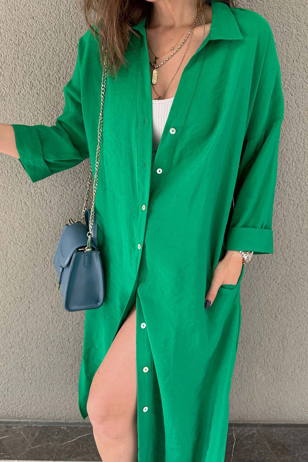 Solid Color Single-breasted Slit Shirt Dress Khaki · L