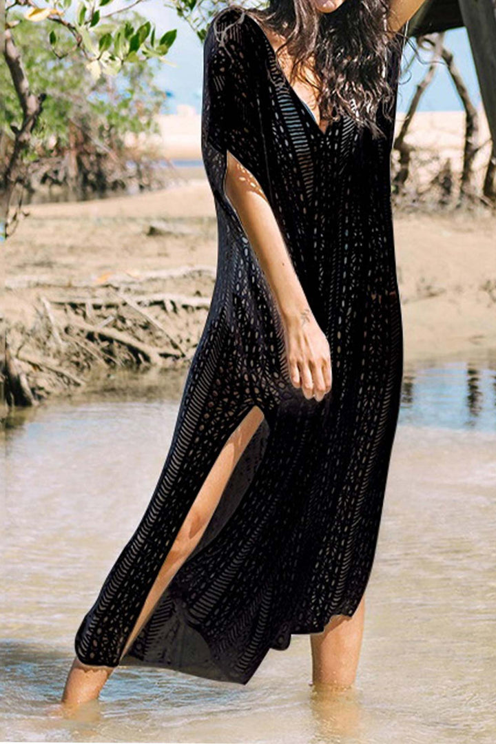 Solid Color V Neck Hollow Out Cover-up Dress Apricot · One Size