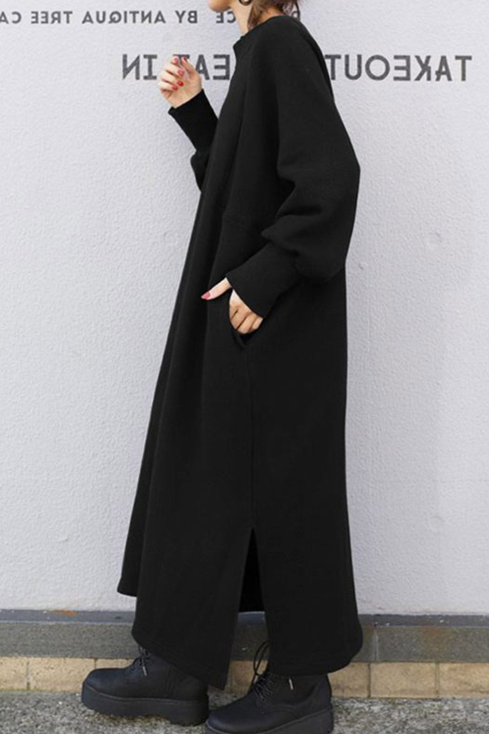 Solid Crew Neck Slit Sweatshirt Dress Grey · M