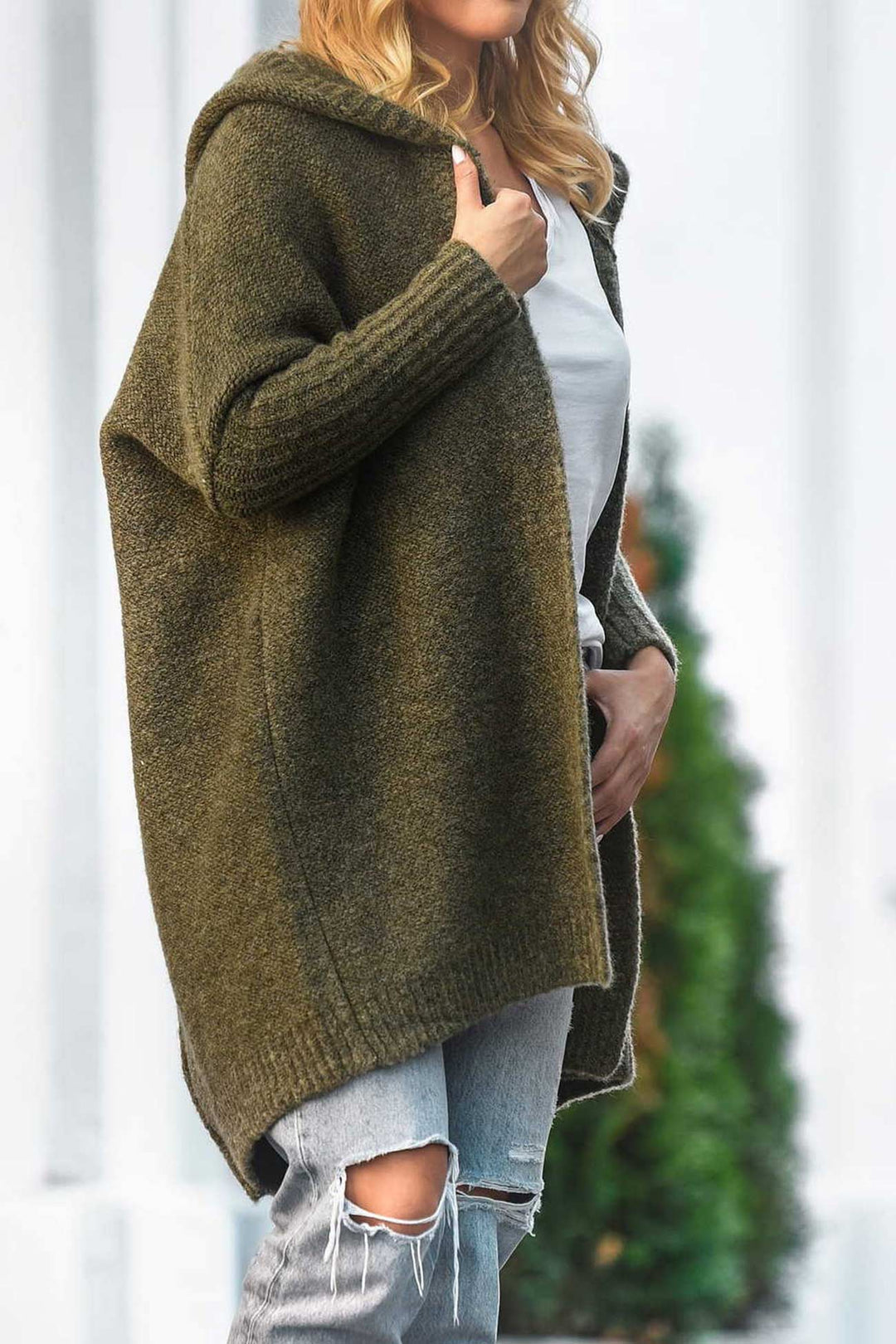 Solid Open Front Hoodie Cardigan Light Khaki · M