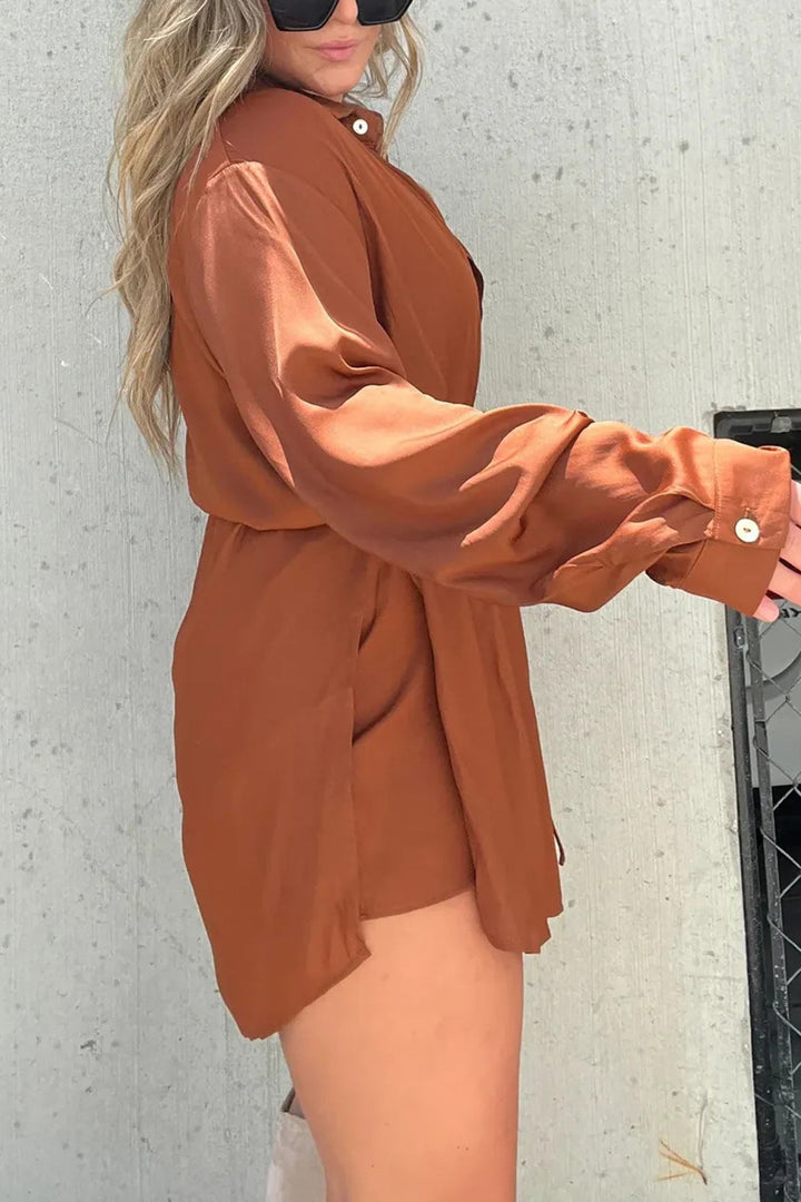 Solid Fake Two-piece Blouse Rompers Brown · S