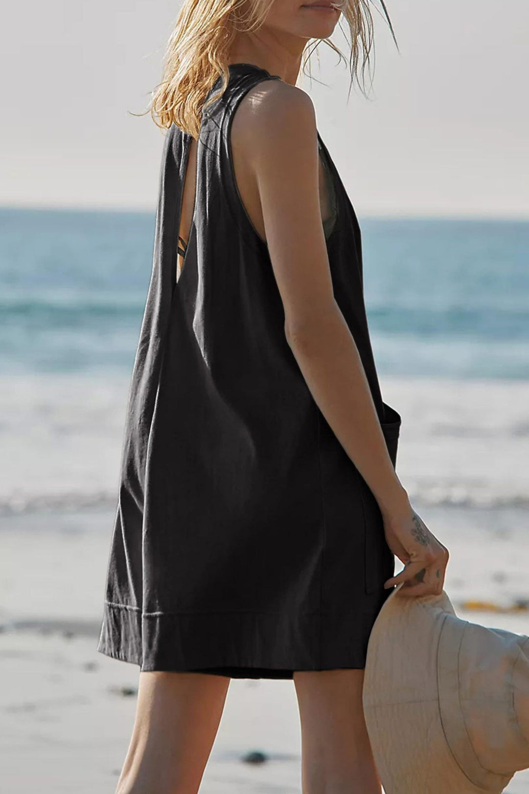 Solid Front With Pockets Sleeveless Rompers Grey Blue · M