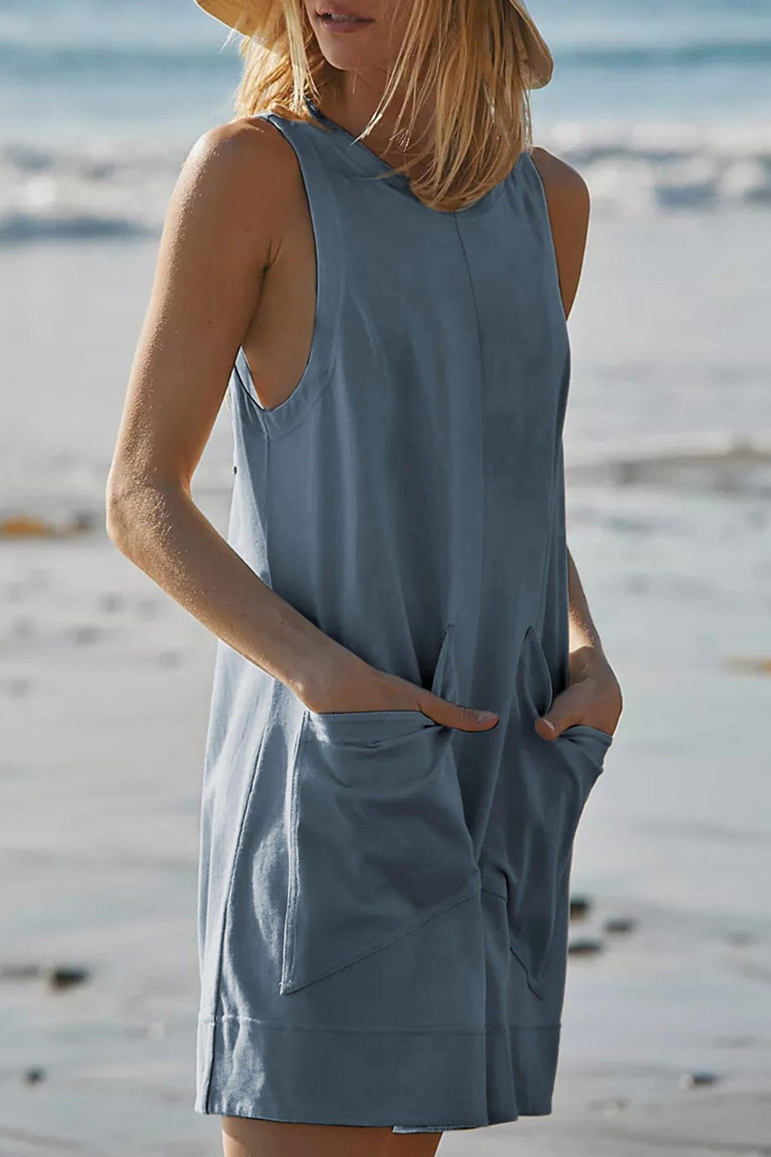 Solid Front With Pockets Sleeveless Rompers Rose · L