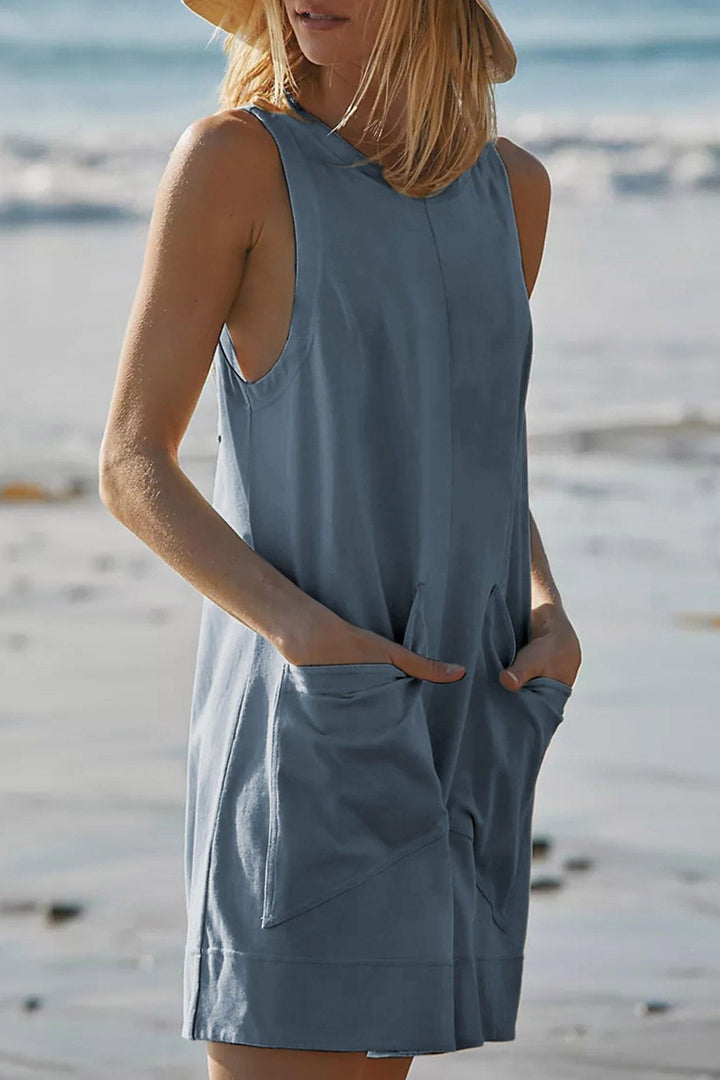 Solid Front With Pockets Sleeveless Rompers Rose · L