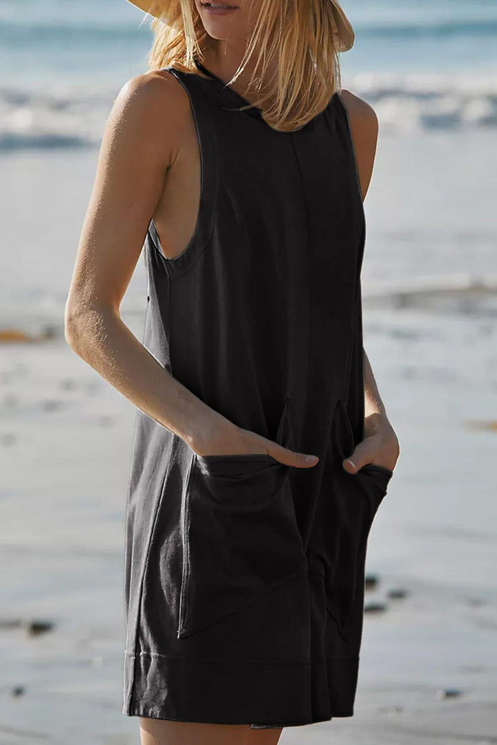 Solid Front With Pockets Sleeveless Rompers Grey Blue · S