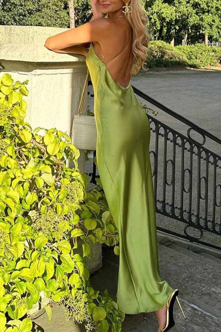 Solid Halterneck Satin Backless Dress Green · S