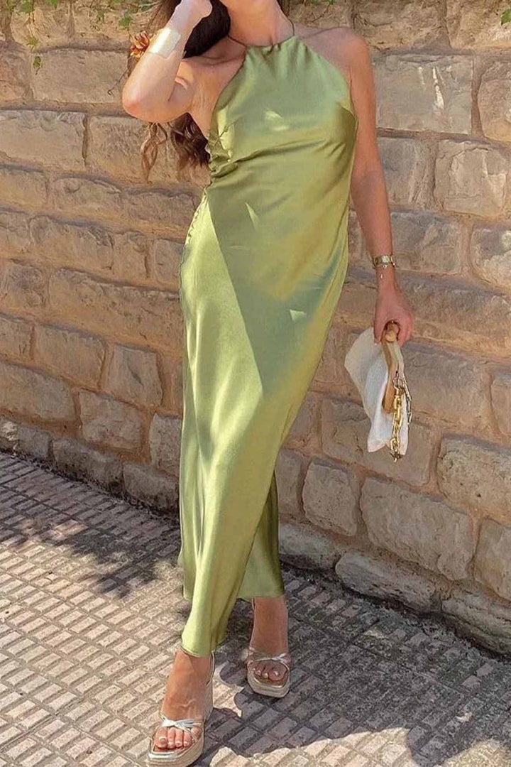Solid Halterneck Satin Backless Dress Green · M
