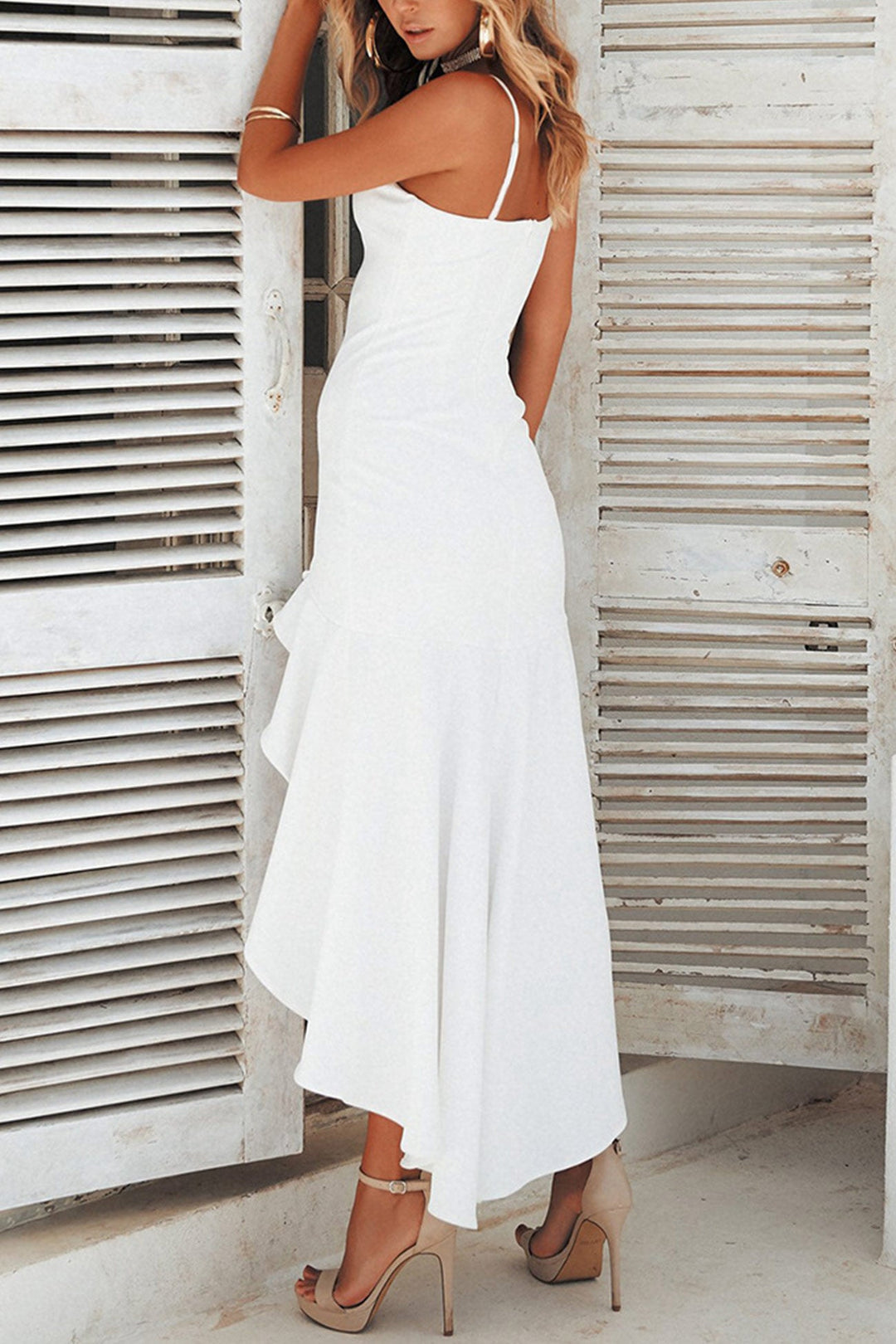 Solid Irregular Ruffle Hem Cami Dress White · M