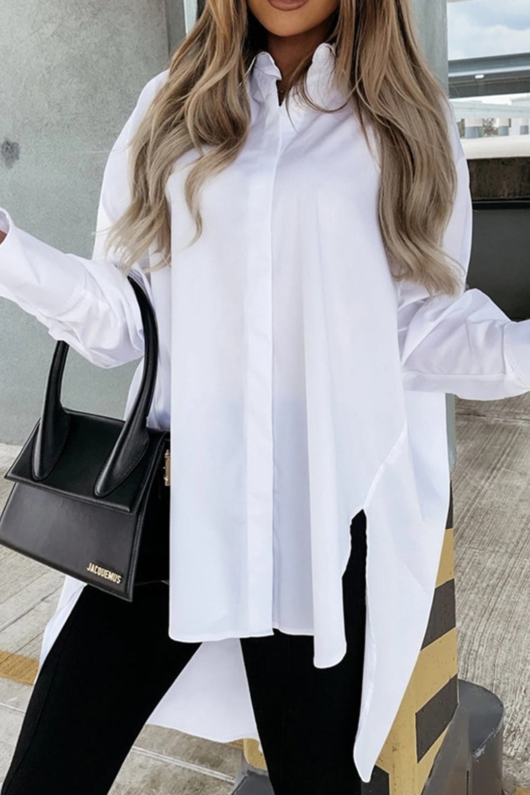 Solid Irregular Slit Hem Blouse Blue · XL
