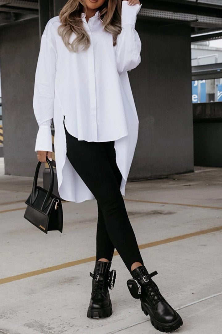 Solid Irregular Slit Hem Blouse Blue · 2XL
