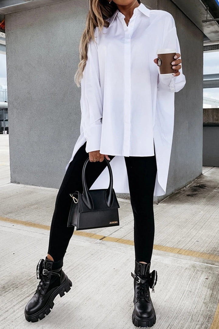 Solid Irregular Slit Hem Blouse White · S