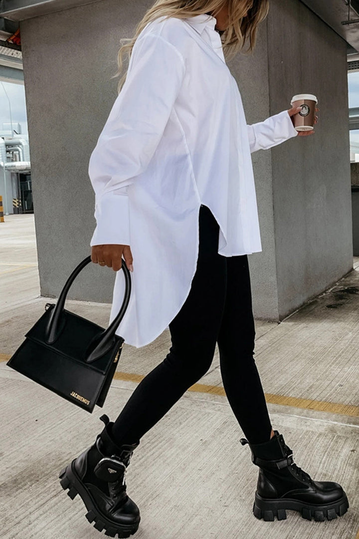 Solid Irregular Slit Hem Blouse White · M