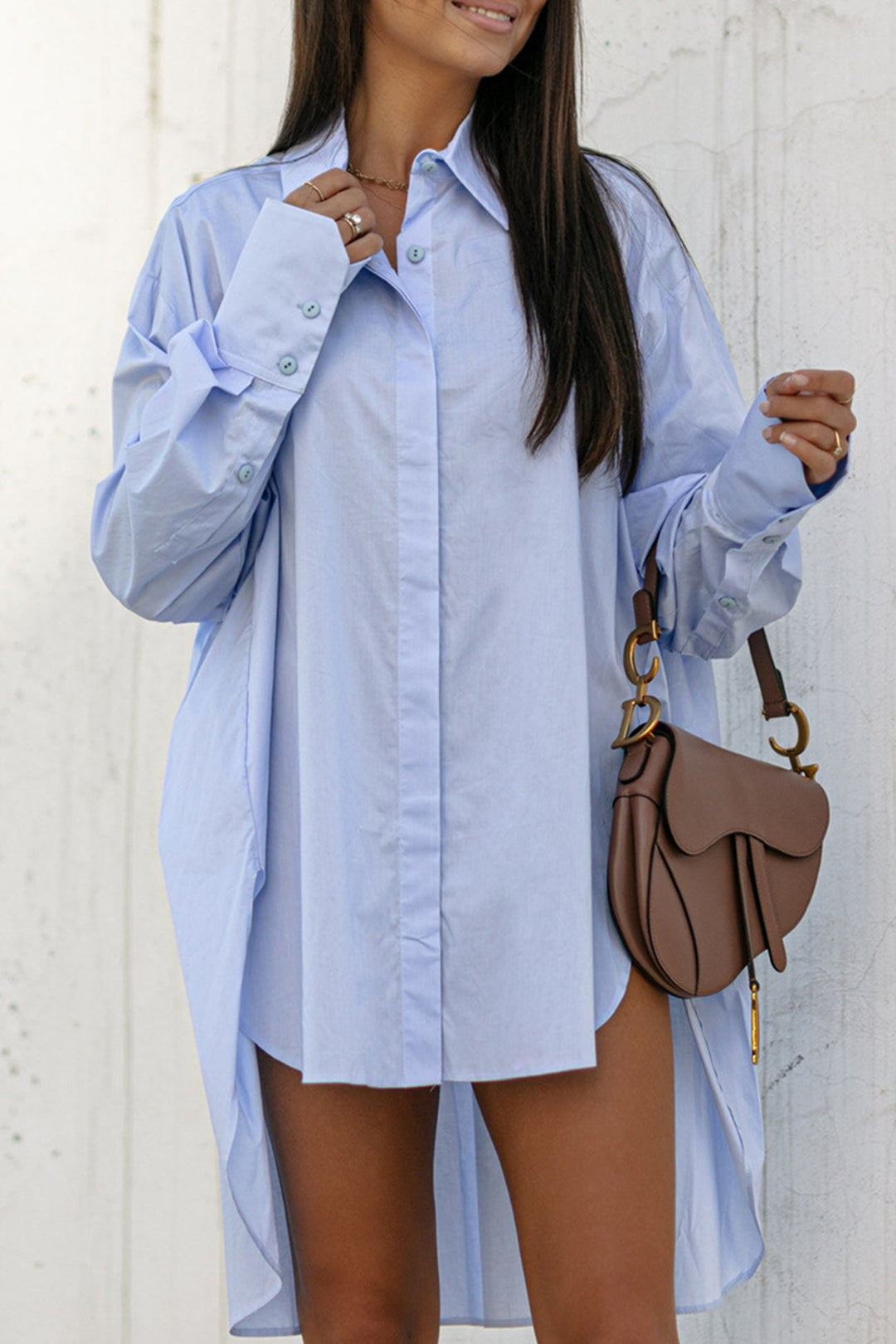 Solid Irregular Slit Hem Blouse Blue · S