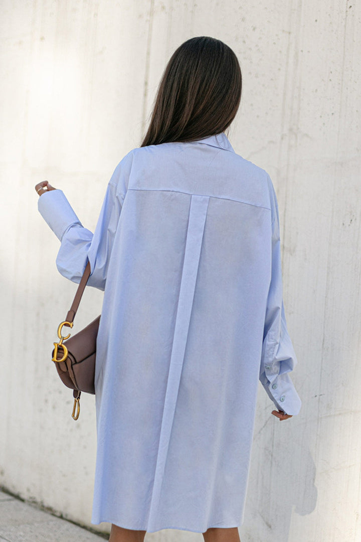 Solid Irregular Slit Hem Blouse Blue · L