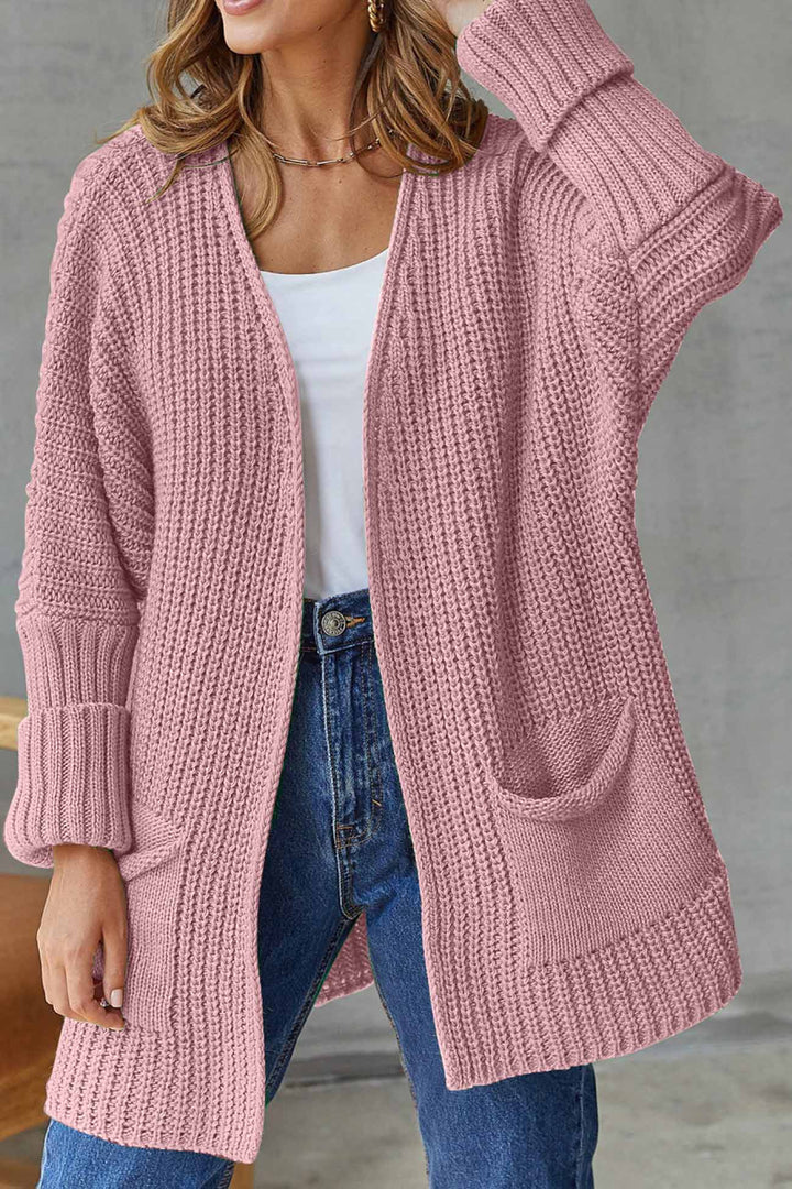 Solid Open Front Long Cardigan Green · L